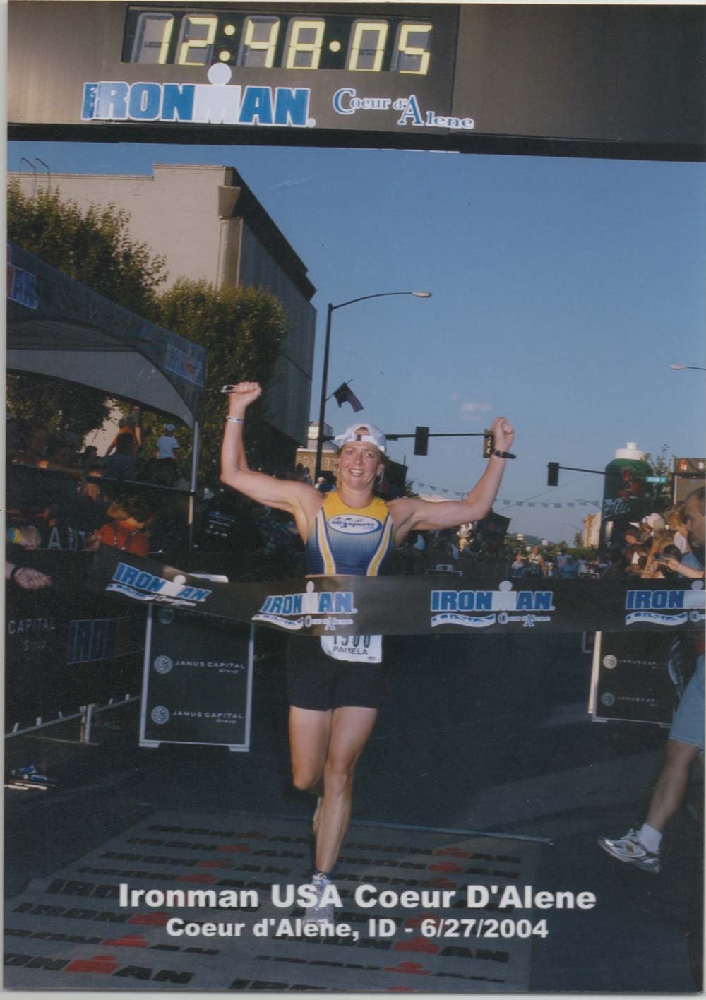 Photo of Dr. Pamela Stone successfully completing the Ironman USA